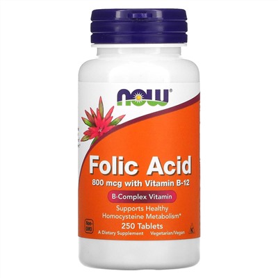 Now Foods, фолиевая кислота, 800 мкг, 250 таблеток