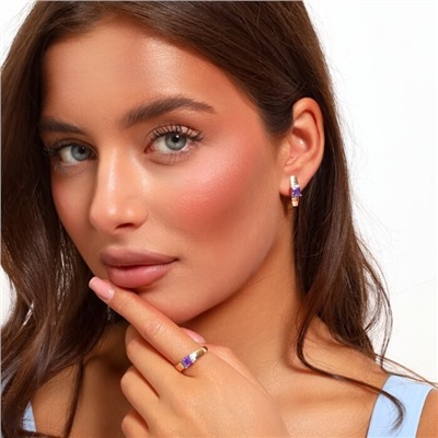 Комплект ювелирная бижутерия коллекция  "Дубай" серьги и кольцо 19 р, покрытие: позолота, вставка: фианиты, цвет: фиолетовый и прозрачный, арт.217.293-19