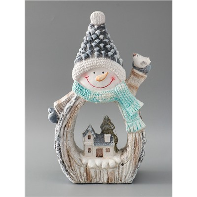 УЦЕНКА Сувенир керамика свет «Снеговик с птицей и зимним домиком, срез дерева» 41×25×9 см