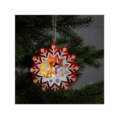 Ёлочная игрушка «Снежинка со снеговиком», 10×10 см, 1 LED, от батареек, свечение тёплое белое