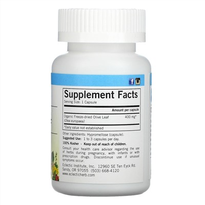 Eclectic Institute, Raw Fresh Freeze-Dried, Olive Leaf, 400 mg, 90 Non-GMO Veg Caps