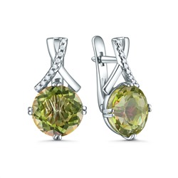Серьги из серебра с жёлто-зелёным горным хрусталём и фианитами родированные 311269-FA11GH5
