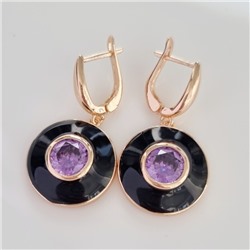 Серьги подвески ювелирная бижутерия коллекция "Дубай" покрытие позолота, вставка: цветная эмаль и крупный фианит, цвет: фиолетовый и черный, арт.215.348