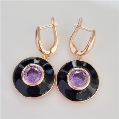 Серьги подвески ювелирная бижутерия коллекция "Дубай" покрытие позолота, вставка: цветная эмаль и крупный фианит, цвет: фиолетовый и черный, арт.215.348