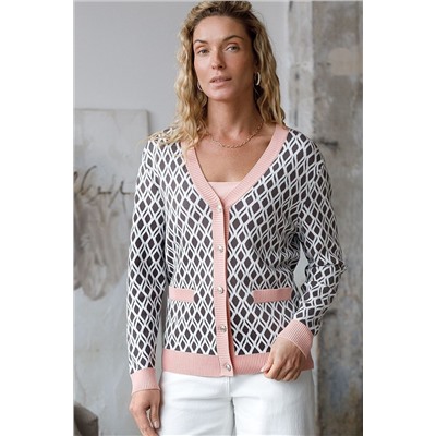 Кардиган с V-вырезом жаккардовой вязки с принтом ромб VILATTE, 1229070