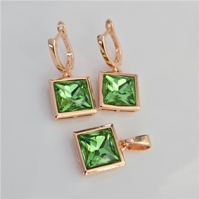 Комплект ювелирной бижутерии Дубайское золото: серьги и кулон с крупным камнем, покрытие позолота, вставка: фианит, цвет: зеленый, арт.314.993