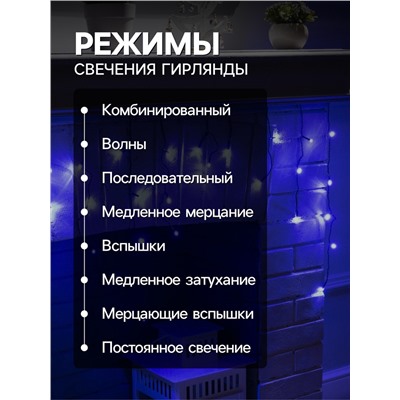 Гирлянда «Бахрома» 3×0.5 м, IP20, тёмная нить, 80 LED, свечение синее, 8 режимов, 220 В