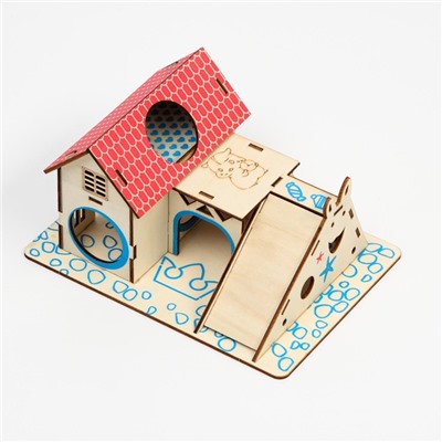 Комплекс-площадка для грызунов, 19×14 см, 2 домика и горка, фанера