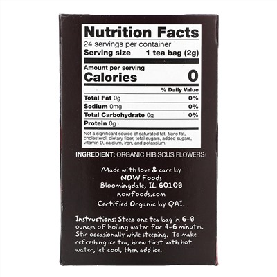 Now Foods, Real Tea, Organically Hip Hibiscus Tea, чай каркаде, без кофеина, 24 чайных пакетика, 48 г (1,7 жидк. унции)