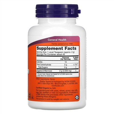 Now Foods, D-манноза, сертифицированный органический чистый порошок, 85 г (3 унции)