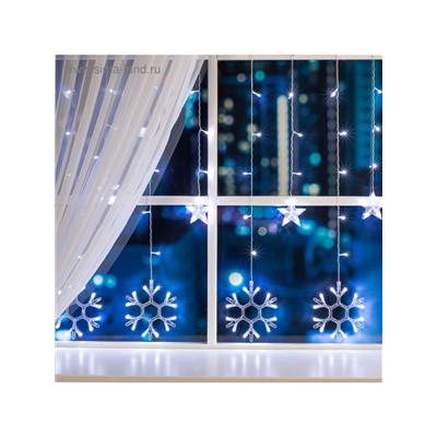 Гирлянда «Бахрома» 2.4×0.9 м с насадками «Снежинки», IP20, прозрачная нить, 150 LED, свечение белое, 8 режимов, 220 В