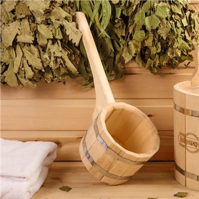 Ковш - черпак для бани и сауны, 1.5 л, липа, нержавеющий обруч, 48 см, 855 г, «Добропаровъ»