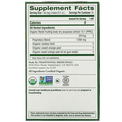 Traditional Medicinals, Organic Reishi Mushroom with Rooibos & Orange Peel, Caffeine Free, 16 Wrapped Tea Bags, .85 oz (24 g)