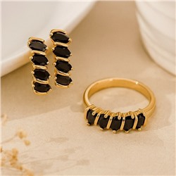 Комплект ювелирной бижутерии коллекция "Дубай" серьги и кольцо 19 р, покрытие позолота, вставка: фианиты, цвет: черный, арт.414.222-19