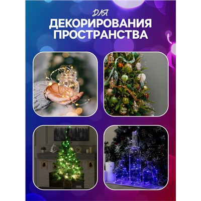 Умная гирлянда «Нить» 10 м роса, IP20, серебристая нить, 100 LED, управление с приложения, свечение RGB, USB