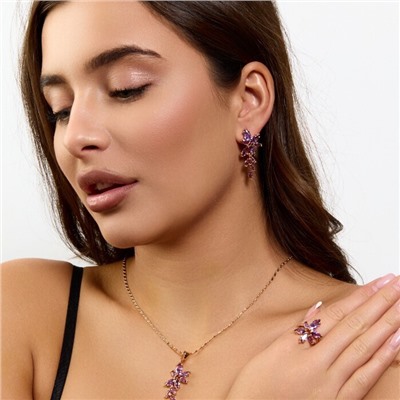 Комплект ювелирной бижутерии коллекция "Дубай" серьги, кулон и кольцо 17 р, покрытие позолота, вставка: фианиты, цвет: фиолетовый, арт.414.363-17