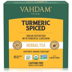 Vahdam Teas, травяной чай, куркума и пряности, без кофеина, 15 чайных пакетиков, 30 г (1,06 унции)
