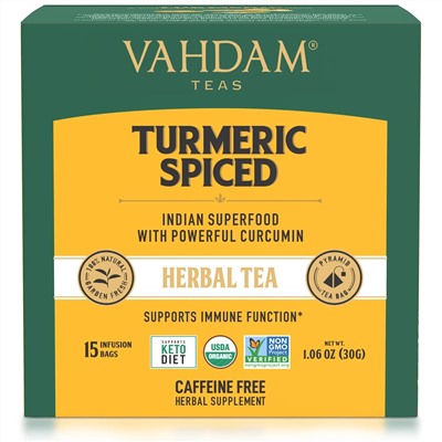 Vahdam Teas, травяной чай, куркума и пряности, без кофеина, 15 чайных пакетиков, 30 г (1,06 унции)