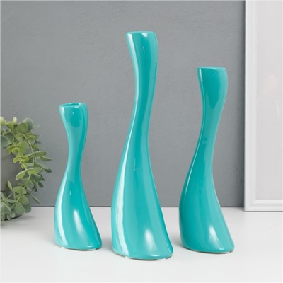 Подсвечник на 1 свечу «Волна», набор 3 шт., d=2.5 см, бирюза, h=20; 25; 30 см