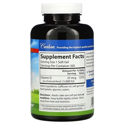 Carlson Labs, Vitamin D3, 25 mcg (1,000 IU), 360 Soft Gels