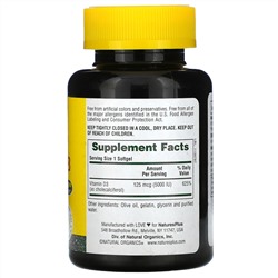 Nature's Plus, витамин D3, 125 мкг (5000 МЕ), 60 мягких таблеток