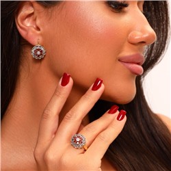 Комплект ювелирной бижутерии Итальянское золото (покрытие желтое 14к) в форме цветов серьги и кольцо 18 р, вставка: фианиты, цвет: красно-оранжевый и прозрачный, арт.217.146-18