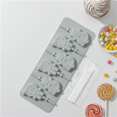 Форма для леденцов Доляна «Девочка, мальчик», силикон, 24×9.5 см, 6 ячеек, с палочками, цвет МИКС