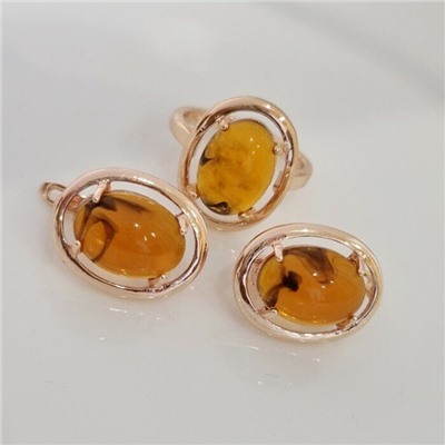 Комплект ювелирной бижутерии коллекция "Дубай",серьги и кольцо покрытие позолота, камень янтарь, р-р 18,5, 7602, арт.216.357-18,5