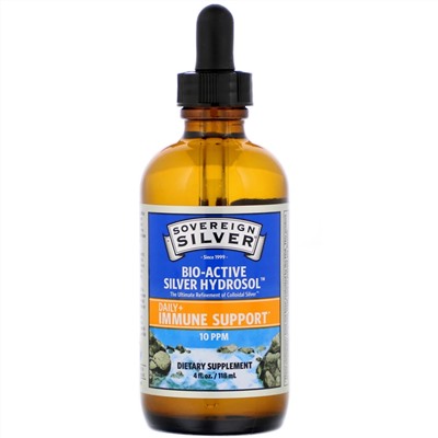 Sovereign Silver, Bio-Active Silver Hydrosol с капельным дозатором, 10 ч/млн, 118 мл (4 жидких унции)