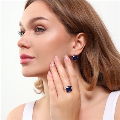 Комплект ювелирная бижутерия серьги и кольцо 18 р покрытие: посеребрение, вставка: фианиты, цвет: синий, арт.215.457-18
