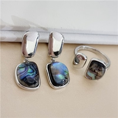 Комплект ювелирной бижутерии коллекция "Дубай" с перламутром серьги и кольцо разъемное 18-19 р, покрытие посеребрение, арт.313.475-18/19