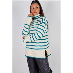 Теплая туника в полоску высокий ворот арт. 2918 (Молочный_бирюзовая полоса)
