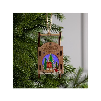 Ёлочная игрушка «Сани с Дедом Морозом и машиной», от батареек LR41×3, свечение RGB