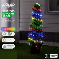 Гирлянда «Конский хвост» 10 нитей по 1 м, серебристая нить, 100 LED, 2 режима, солнечная батарея, свечение мульти