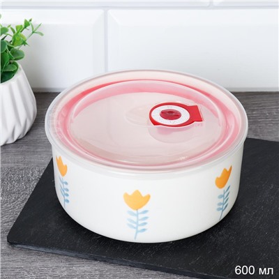 Контейнер салатник 600 мл крышка с клапаном / A-592 /уп 16/ Фарфор Цветочки