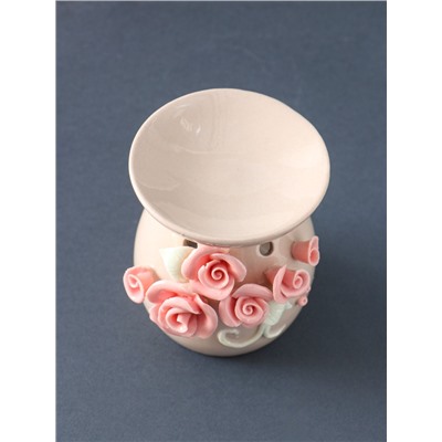 Аромалампа для эфирных масел «Розовые розы с листиками», керамика, бежевая, 7.5×7.5×9 см