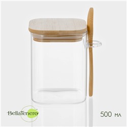 Банка для сыпучих BellaTenero «Эко», 500 мл, 10.5×8.2×10.5 см, с бамбуковой крышкой и ложкой, стекло, прозрачная