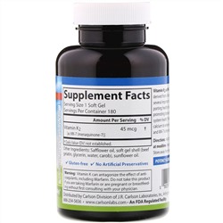 Carlson Labs, Витамин K2 MK-7 (менахинон-7), 45 мкг, 180 мягких таблеток