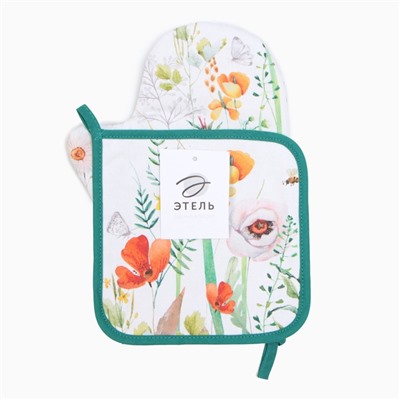 Набор кухонный «Этель. Маки»: варежка-прихватка 20×28 см, прихватка 19×19 см,100% хлопок