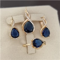 Комплект ювелирной бижутерии коллекция "Дубай" серьги, кулон и кольцо 20 р, покрытие позолота, вставка: стекло и цирконы, цвет: синий и прозрачный, арт.217.486-20