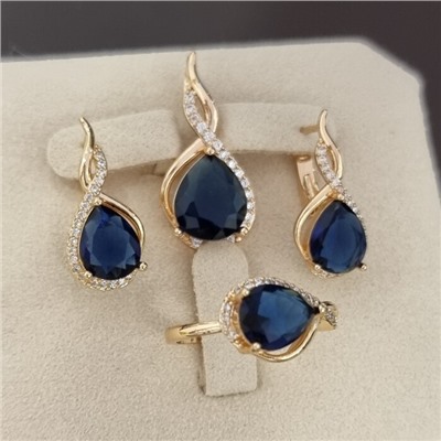 Комплект ювелирной бижутерии коллекция "Дубай" серьги, кулон и кольцо 19 р, покрытие позолота, вставка: стекло и цирконы, цвет: синий и прозрачный, арт.217.486-19