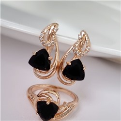 Комплект ювелирная бижутерия коллекция  "Дубай" серьги и кольцо 17 р, покрытие: позолота, вставка: фианиты, цвет: черный и прозрачный, арт.314.764-17