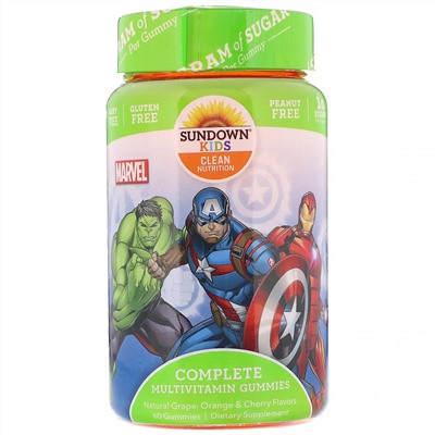 Sundown Naturals Kids, Жевательные конфеты с полноценным комплексом витаминов, «Marvel Avengers», натуральные ароматизаторы со вкусом винограда, апельсина и вишни, 60 жевательных конфет