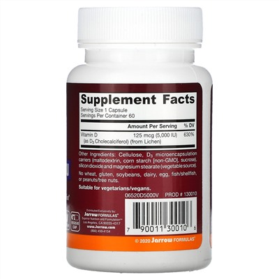 Jarrow Formulas, витамин D3 для веганов, 125 мкг (5000 МЕ), 60 растительных капсул