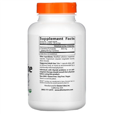 Doctor's Best, L-карнитин фумарат с карнитинами Biosint, 855 мг, 180 вегетарианских капсул