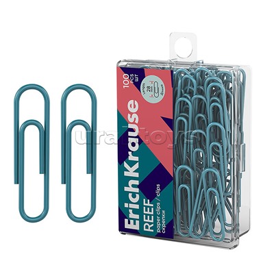 Скрепки металлические с виниловым покрытием "Reef" 28мм, бирюзовый (в пластиковой коробке по 100 шт.)