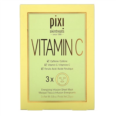 Pixi Beauty, Vitamin C, косметическая тканевая маска с экспресс-эффектом, 3 листовые маски, по 23 г (0,8 унции) каждая