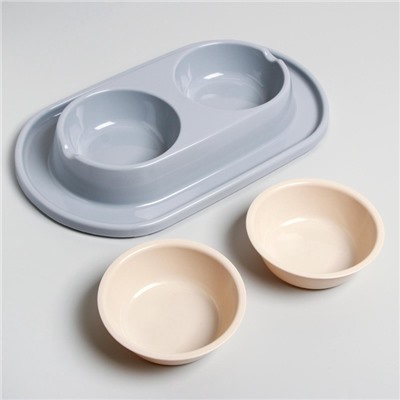 Миска двойная для животных «Мур-мяу», 300 мл, на подставке, пластик, серая