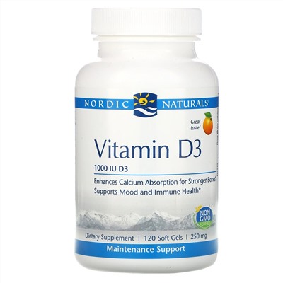 Nordic Naturals, Витамин D3, апельсин, 1000 МЕ, 120 мягких таблеток