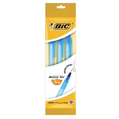 Ручка шариковая BIC Round Stic корпус голубой, синяя, 3 шт. на блистере